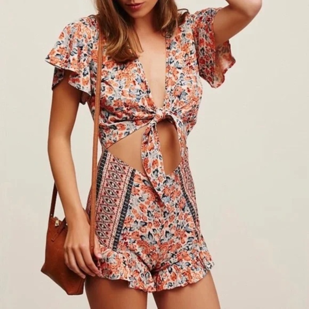Free People Orange Blue Floral Bohemian Tie-Front Romper Size 2, XS, Small